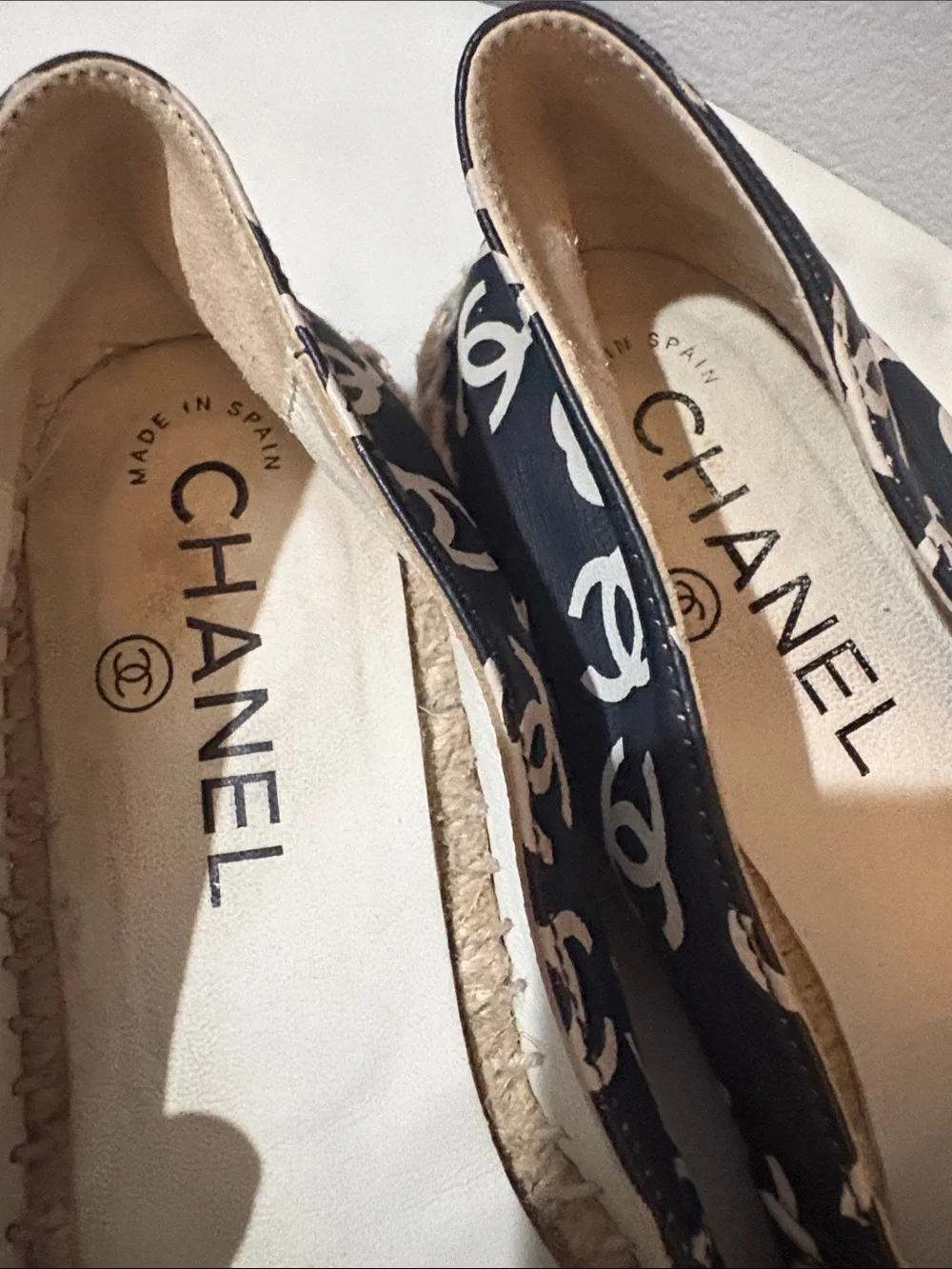 CHANEL Black Espadrilles with White CC Logo Print